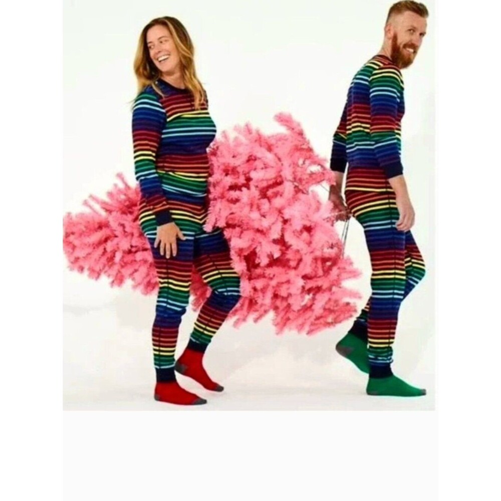 Primary Organic PJ Set Festive Rainbow Stripe Unisex Adult Size Small Long long